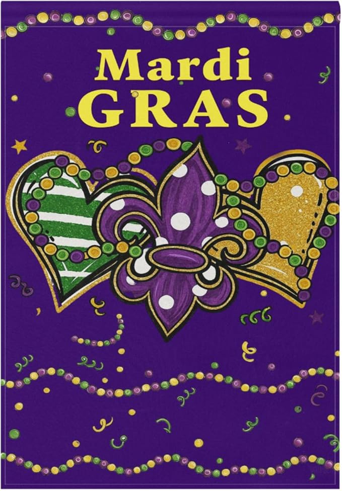 Mardi Gras Purple House Flag 28x40 Inch Double Sided Outside Fleur de Lis Welcome New Orleans Carnival Yard Outdoor Flag Banner for Garden Lawn Patio Holiday Decorations