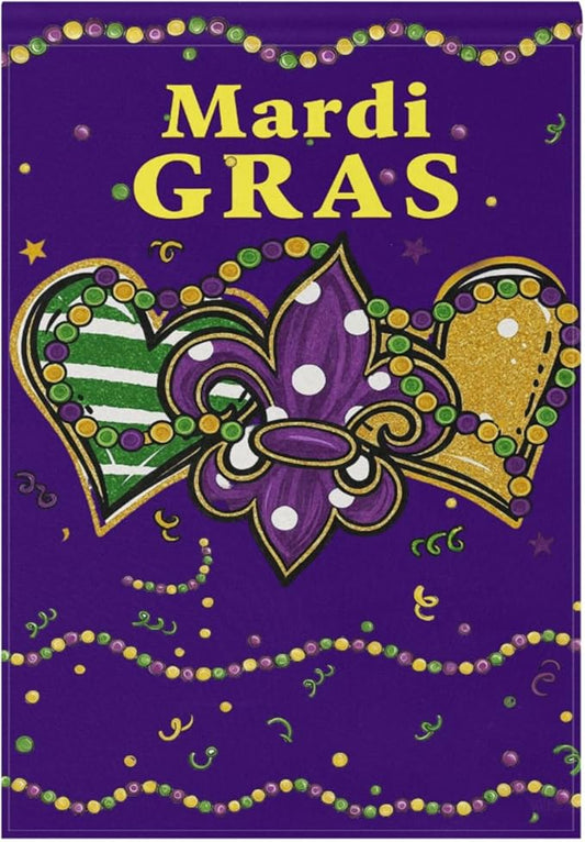 Mardi Gras Purple House Flag 28x40 Inch Double Sided Outside Fleur de Lis Welcome New Orleans Carnival Yard Outdoor Flag Banner for Garden Lawn Patio Holiday Decorations