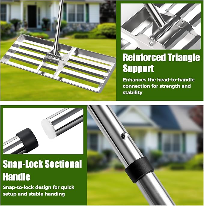 30" x 10" Lawn Leveling Rake, Heavy Duty 304 Stainless Steel Lawn Leveler | Curved edge for smooth leveling, reinforced triangle support, professional-grade build