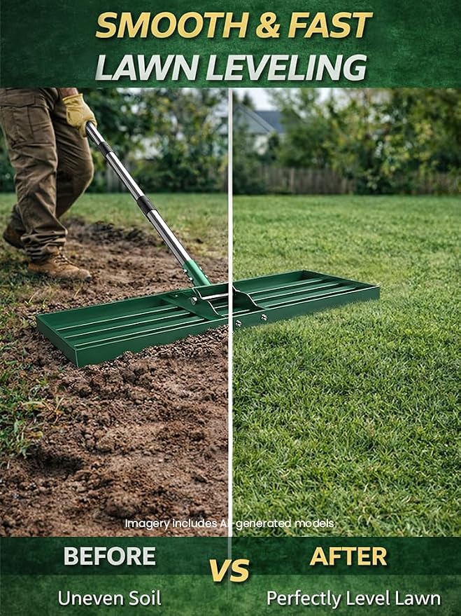 Lawn Leveling Rake, 30x10 inch Adjustable Lawn Leveler for Yard & Garden, Heavy Duty Stainless Steel Handle, Effort Saving Soil & Dirt Leveling Tool for Lawn Top Easy Dressing-Green