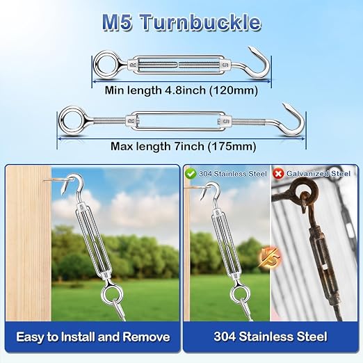 TooTaci M5 Turnbuckles for Cables Wire, 200ft 1/16 Stainless Steel Wire Rope with Tensioner Kit, 1/16 Vinyl Coated Steel Cable for Outdoor Lights Hanging, Climbing Plants, Trellis and Fences