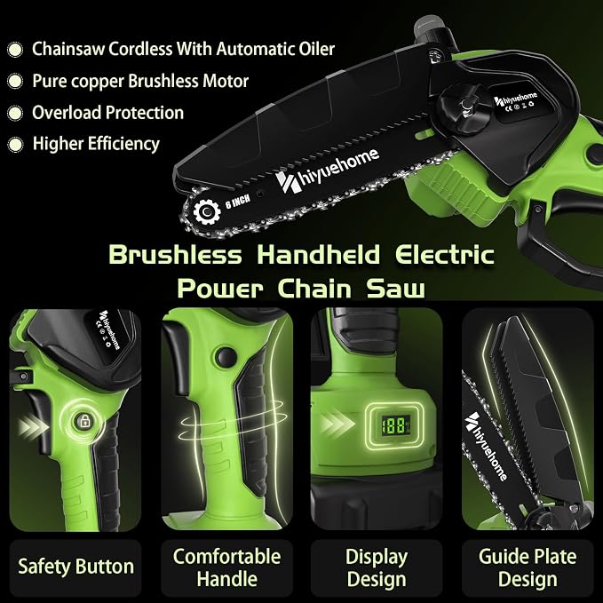 6inch Mini Chainsaw, Chainsaw Cordless w Automatic Oiler, Handheld Electric Power Chain Saw w Security Lock, Brushless Motor,Chainsaws for Wood/Trees Trimming (Green - 2 batteries, 6 INCH)