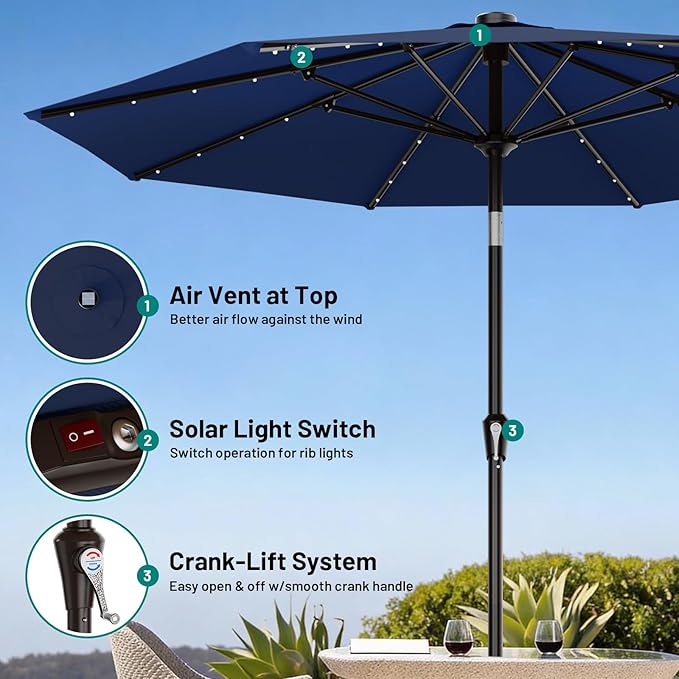 AreShark 9FT Patio Umbrella with Solar Lights, 32 Lighted Pool Umbrella w/Tilt and Crank, Outdoor Market Solar Umbrellas for Garden, Deck, Backyard, Pool and Beach, Navy