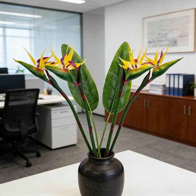 Artificial Bird of Paradise Flowers Real Touch 31.5'in Long Stem Flower 4 Pcs, with Bird of Paradise Leaves 33.5'in Long Stem Greenery Plants 2 Pcs,for Home Garden Wedding Party Decor (Yellow 6 Stems)