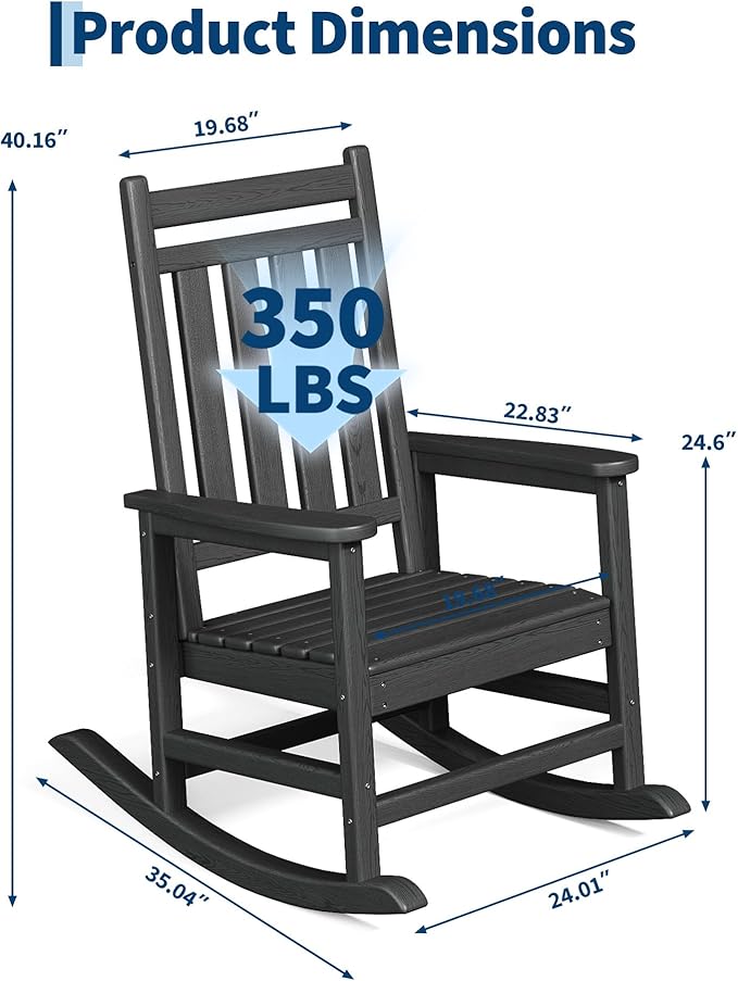 GarveeLife Rocking Chair Outdoor Set of 2 - HDPE Poly High Back Porch Rocker Chairs for Adults - All Weather Resistant Furniture for Patio Front Porch - Black
