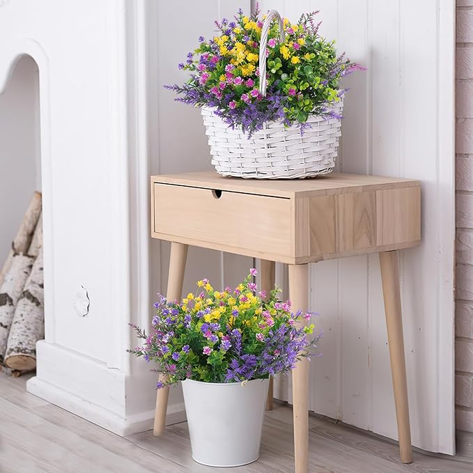 Hananona 24 Pcs Artificial Flowers Outdoor, Faux Artificial Plants UV Resistant Plastic Flower Bulk for Hanging Planter Porch Window Home Wedding Summer Decor (24, Fuchsia, Purple, Yellow, Green)