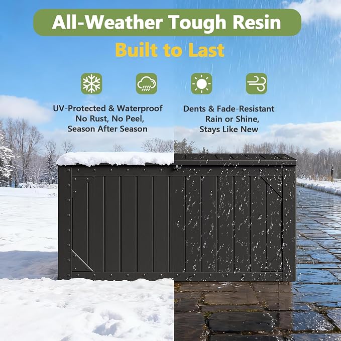 Outdoor Storage Box, 95 Gallon Deck Box Outdoor Storage Bench, Outside Waterproof Resin Storage Bench, Lockable Patio Cushions, Garden Tools Storage for Furniture, UV Resistant (Black)