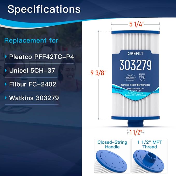 Hot Tub Filter Compatible with Watkins 303279, PFF42TC-P4, FC-2402, 5CH-37, Spa Filter for Lifesmart, Freeflow, Hydromaster, Grandmaster, 1 1/2" MPT Threaded, 42 sq.ft. 2-Pack