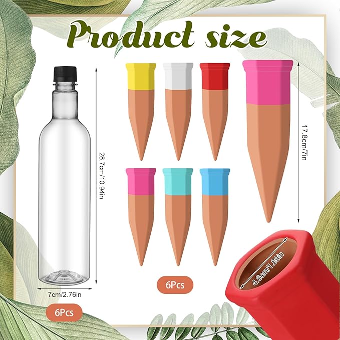 SiliFine 6 Sets Plant Watering Devices Include Terracotta Self Watering Spikes and 26 oz Plastic Bottles, Slow Release Vacation Insert Automatic Plant Waterer Device (Clear and Mixed Color)