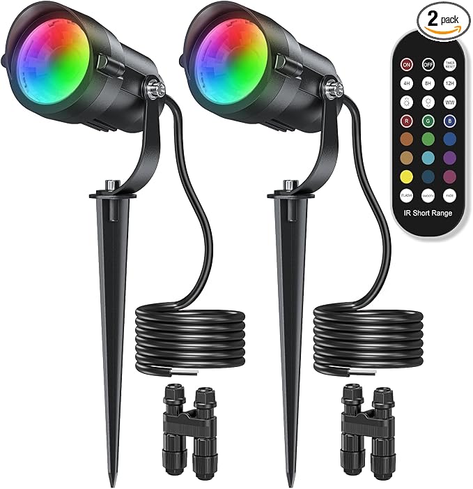HIBOITEC RGBW Low Voltage Landscape Lighting 12W with Remote Connectors Spotlights Landscape Lights 12-24V AC/DC Waterproof for House Yard Trees Outdoor Christmas 2Pack(Transformers NOT Included)