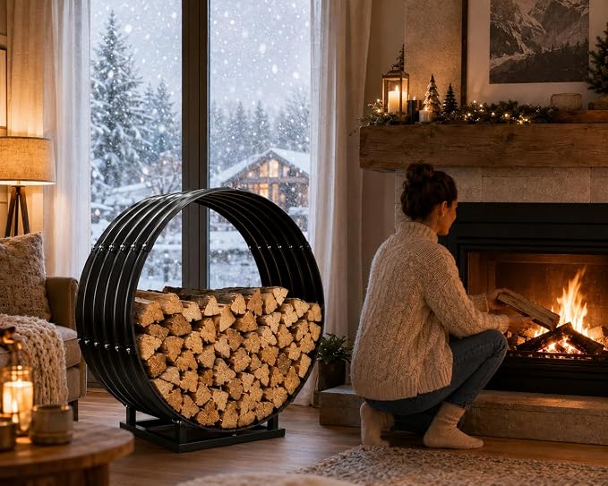 32" Firewood Rack with Roof Cover, Indoor & Outdoor Log Holder Keeps Firewood Dry, Clean & Organized for Fireplace, Patio & Backyard, Heavy-Duty Steel Wood Storage Rack, 500LBS Capacity