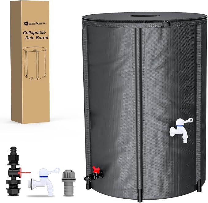 Yesker Collapsible Rain Barrel, 100 Gallon Portable Rainwater Collection System, 550D PVC Water Storage Tank, Rain Catcher with Spigots Filter Overflow Kit, Grey