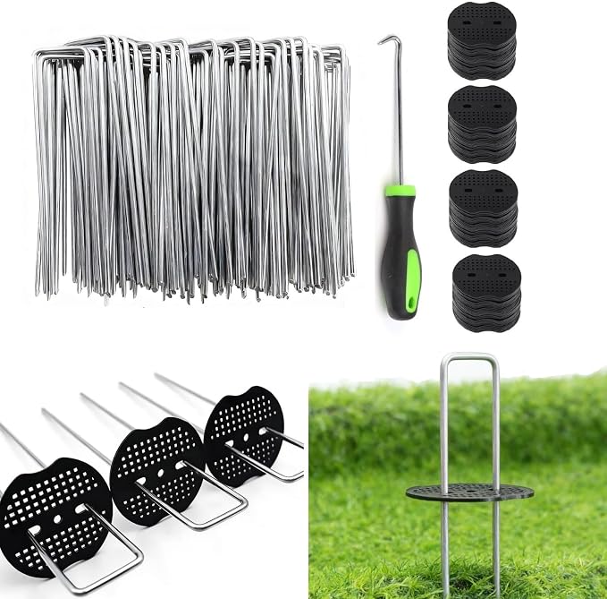 6 Inch 200 PCS Galvanized Landscape Staples with 200 PCS Gasket, Landscape Fabric Pins Stakes Lawn Ground Cover Graden Staples Spikes Weed Barrier Stakes
