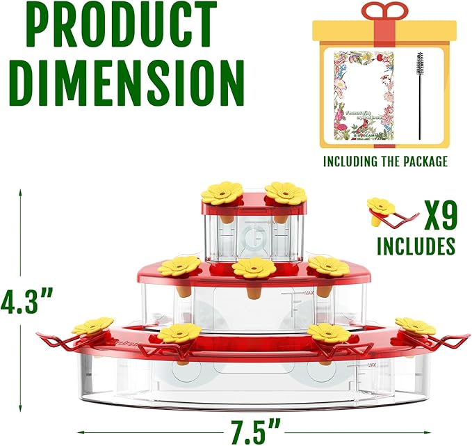Birdream Hummingbird Feeders for Window, 2 Pack-18oz Suction Cup Hummingbird Feeder with 9 Feeding Ports & Clean Brush, Attracting Ruby Throated Anna Rufous - Red