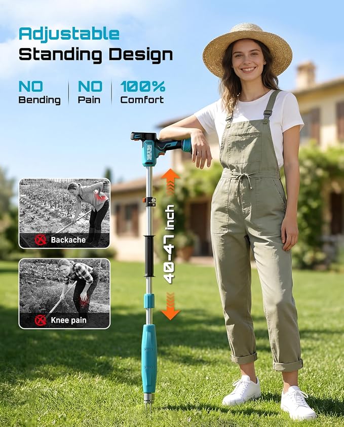 SEESII Stand-Up Weed Puller Tool with 40"-47" Adjustable Handle, High-Power 3-Claw Stainless Steel Spiral, 4S Deep Root Removal, One-Button Eject, Dandelion Remover & Crabgrass Puller for Garden