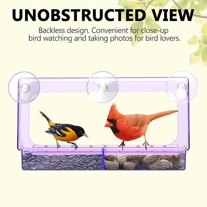 LUJII Purple Window Bird Feeder with 5 Super Strong Suction Cups, All One Piece Construction, Removable Seed Tray, Accommodates Large Birds Like Cardinals or Blue Jay for Outside Wild Bird Feeding