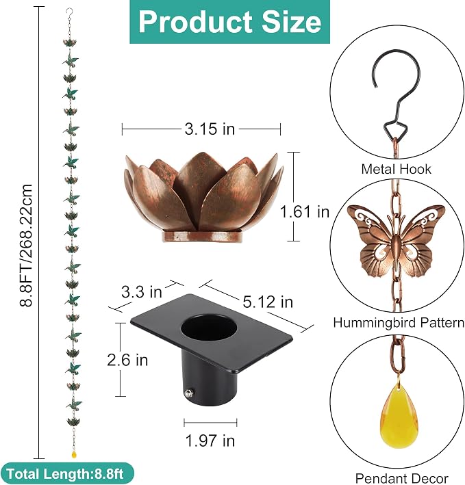 8.8ft Rain Chain for Gutters Downspouts Outside,Butterfly Rain Chain Cups with 12 Copper Chain Adjustable Lotus Rain Catcher Chain Functional and Decorative Replacement for Gutter Downspouts