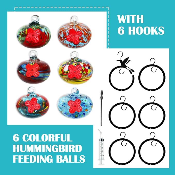 Glass Hummingbird Feeder for Outdoors 6 PCS Small Hand Blown Glass Bird Feeding Balls Hanging Wild Bird Feeders 5OZ x 6PCS Backyard Garden Decorations with Brush Injector