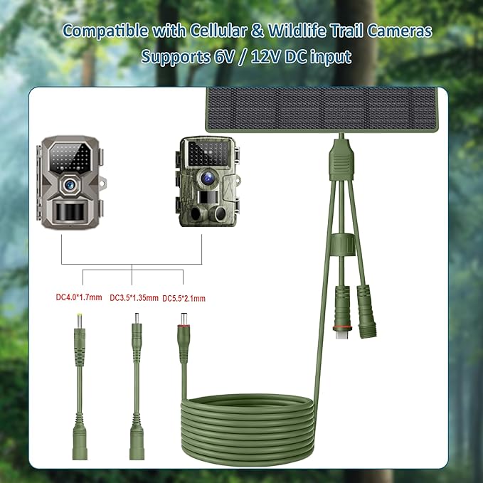Zivif Solar Panel for Trail Camera, 5W Solar Charger Built-in 5200mAh Rechargeable Battery, Solar Charger 6V/12V Adjustable Output, USB-C & DC Plugs IP66 Waterproof, 360° Adjustable Mount
