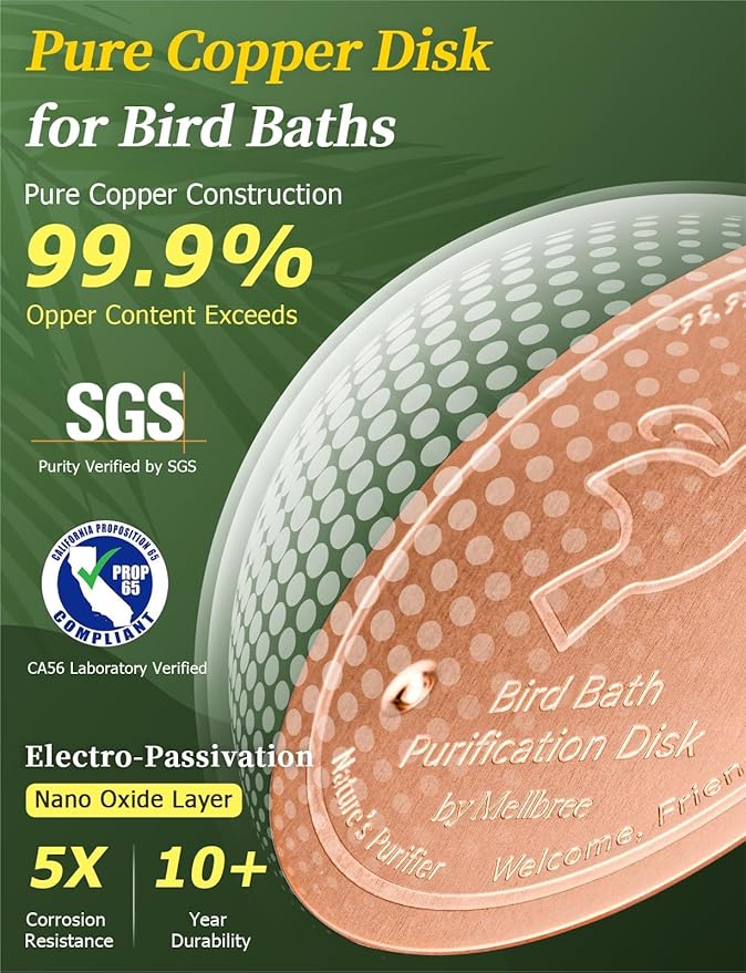 Mellbree Bird Bath Copper Disk, 0.6mm Reinforced 99.99% Pure Copper Cleaning Disk for Physical Safe Clean Water All-Season, Universal Fit for Outdoor Birdbaths, Bowl, Bird Bath Solar