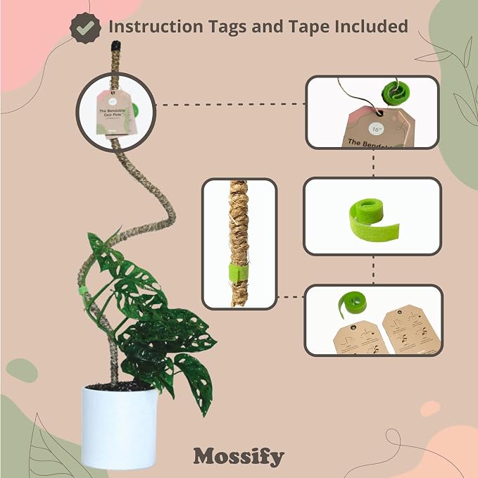 Mossify Bendable Coir Pole for Plants – 30” Premium Manila Coir Moss Pole Monstera Plant Support for Indoor & Outdoor Plant Climbing Support - Comes with Reusable Tape for Durable Plant Pole