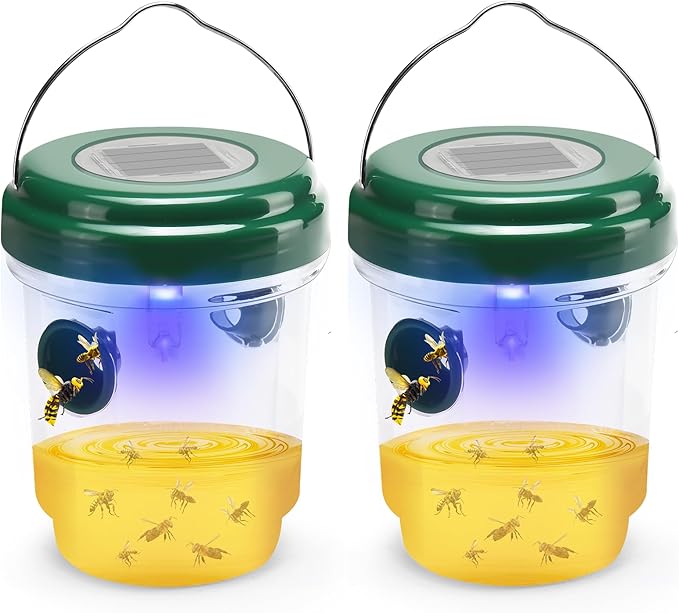 Wasp Trap, Solar Wasp Traps Outdoor Hanging, Reusable Yellow Jacket Hornet Trap with LED Light for Outside Garden, Patio, Orchard, Camping (2, Green)