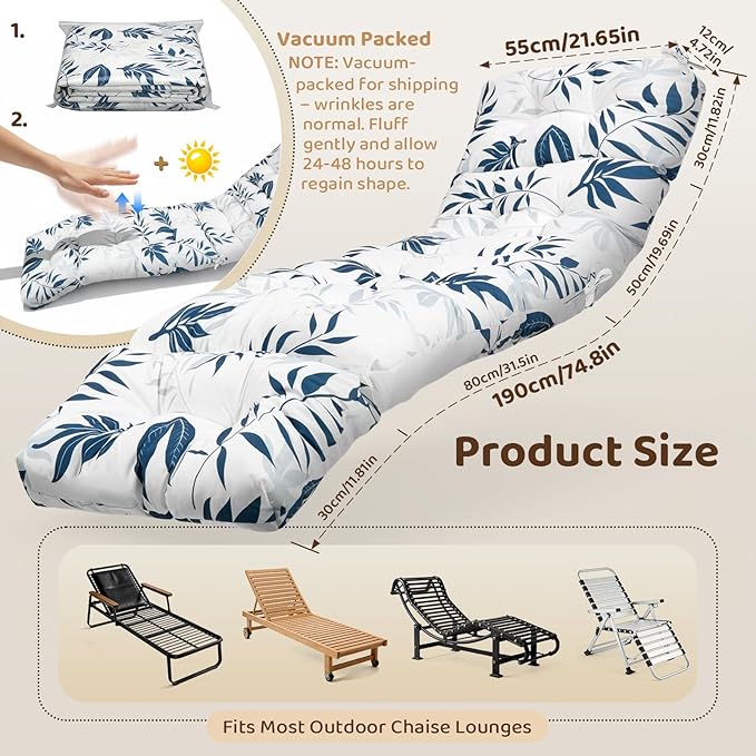 Waterproof Outdoor Lounge Chair Cushions 74.8 x 22 x 4.7 Inches，Chaise Lounge Chair Cushions Replacement for Outdoor Furniture with Ties, Thickened Patio Pool Bench Lounge Chair Cushions