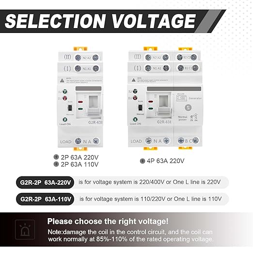 63Amp 110V AC Mini ATS Automatic/Manual Transfer Switch, 2Pole G2R Solar Auto Dual Power Changeover Switch for Home, Din Rail Mounted 50/60Hz CE Certified for Rv, Lv, Cn Public/Backup Power