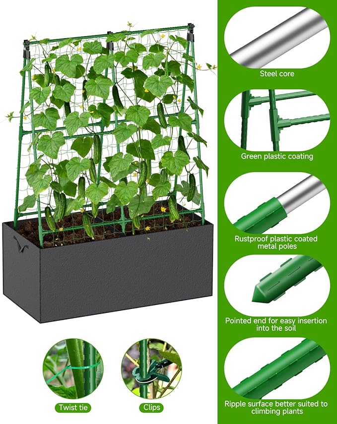 Cucumber Trellis with for Climbing Plants, A-Shape Garden Trellis with Grow Bags, Metal Plant Trellis with Garden Netting for Vegetables Flowers Fruits (A-Shape)