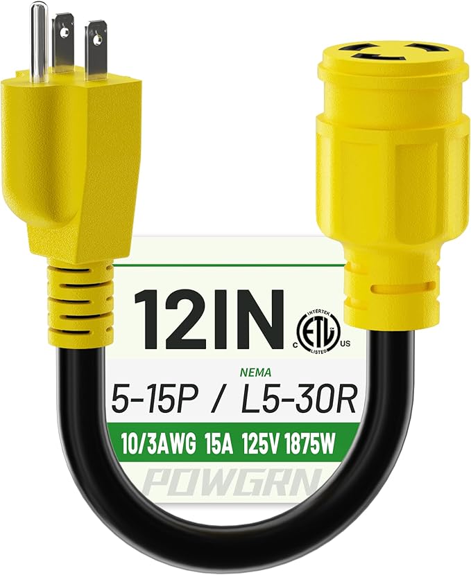 POWGRN 15 Amp to 30 Amp RV Generator Adapter Cord 1FT(12 Inch), NEMA 5-15 Male Plug to NEMA L5-30 Female Plug, 3 Prong Heavy Duty Power Cord, 10 Gauge STW, 15A 125V 1875W, Black-Yellow, ETL Listed