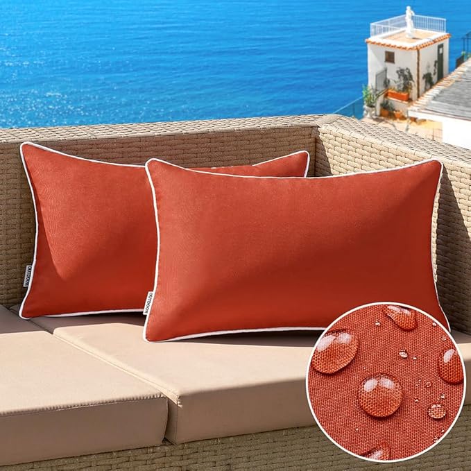 MIULEE Pack of 2 Outdoor Waterproof Pillow Covers Decorative Lumbar Throw Pillows Solid Color Farmhouse Couch Cushion Covers for Patio Tent Bed Sofa Living Room 12x20 Inch Rust