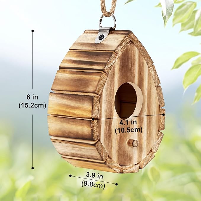 NATUREYLWL Hummingbird House for Outside - Natural Wooden Birdhouse for Bluebirds, Finches, Cardinals - Small Hanging Bird Nesting Box for Garden, Patio, or Yard - 5.9" D x 4.1" W x 3.8" H