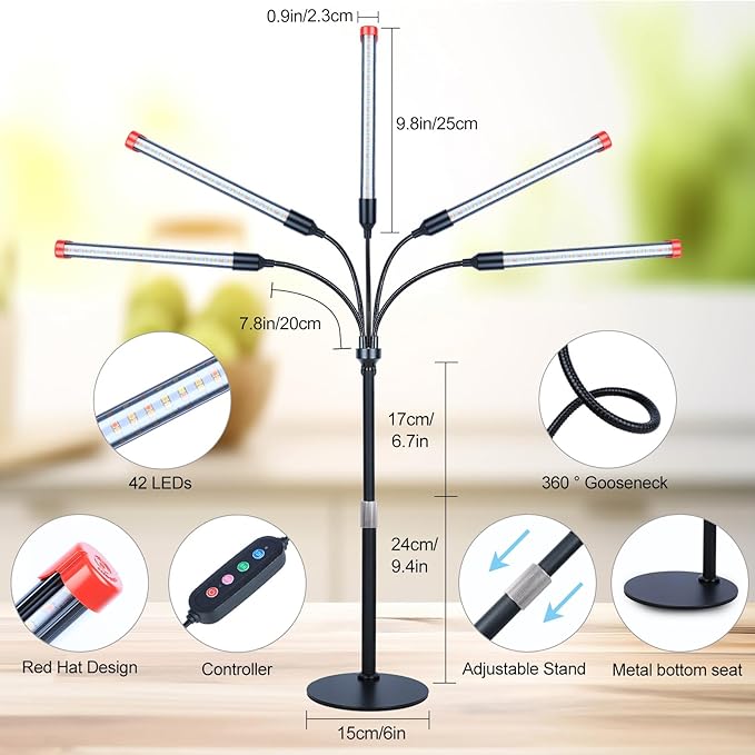 FECiDA 2026 5Head Table Top Grow Lights for Seed Starting, Indoor Plants, Bonsai, 45 Watt Power Draw, NO Need Adapter, 4/8/12/16/20H Timer, 16"-24" Height Adjustable, Big Coverage