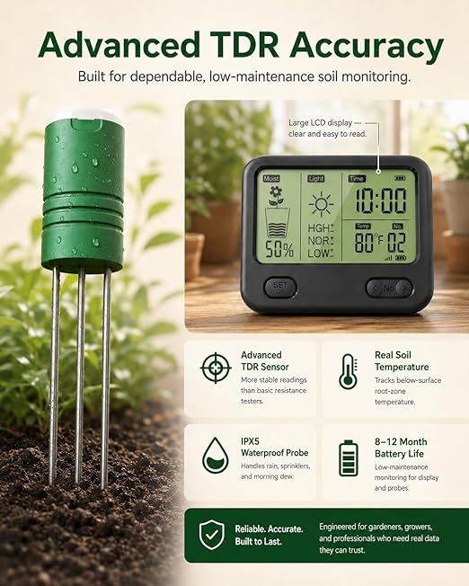 Soil Moisture Meter for Plants, 12-Zone Wireless Plant Water Meter, Soil Thermometer and Light Sensor, 4-in-1 TDR Tester, 230ft Range, IPX5 Waterproof for Indoor Outdoor Garden Lawn (Display+4 Sensor)