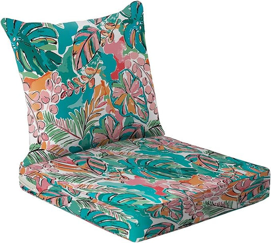 All Smiles Waterproof Outdoor Seat Cushions for Patio Furniture Set of 19x19 Inch for Replacement Cushions with Removable Cover for Chair Yard Garden Deck，Pink and Teal