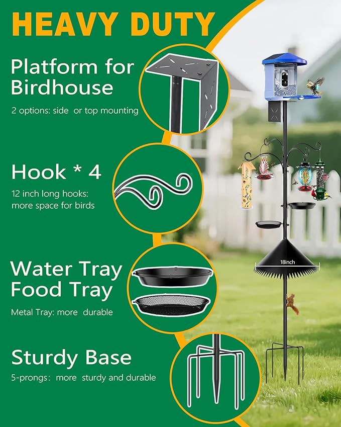 Bird Feeder Pole, 108 inch Bird Feeder Stand Station with Squirrel Proof Baffle, Outdoors Birdhouse Pole Heavy Duty, Metal Black