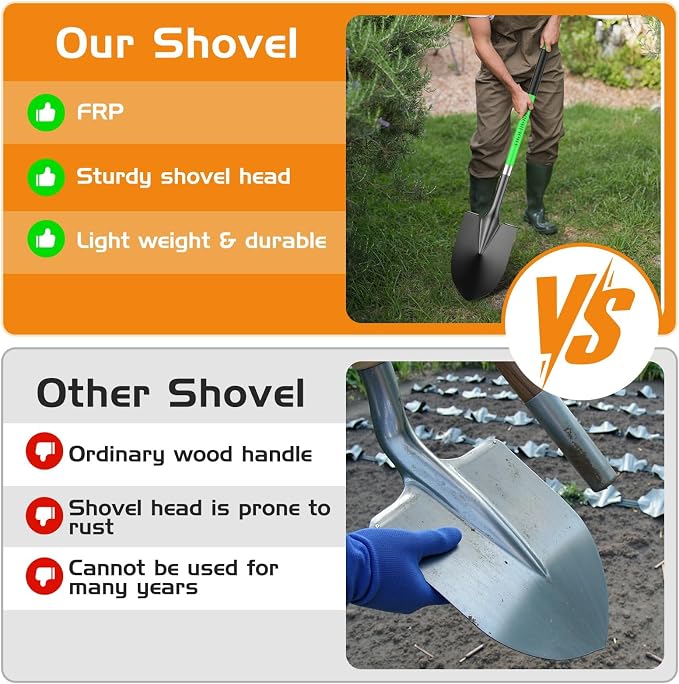 HIGHLIGHT 56-Inch Heavy Duty Round Point Garden Shovel with Non-Slip Fiberglass Handle and Sharp Blade for Deep Digging, Trenching, Landscaping, Snow, Camping and Yard Work - Green