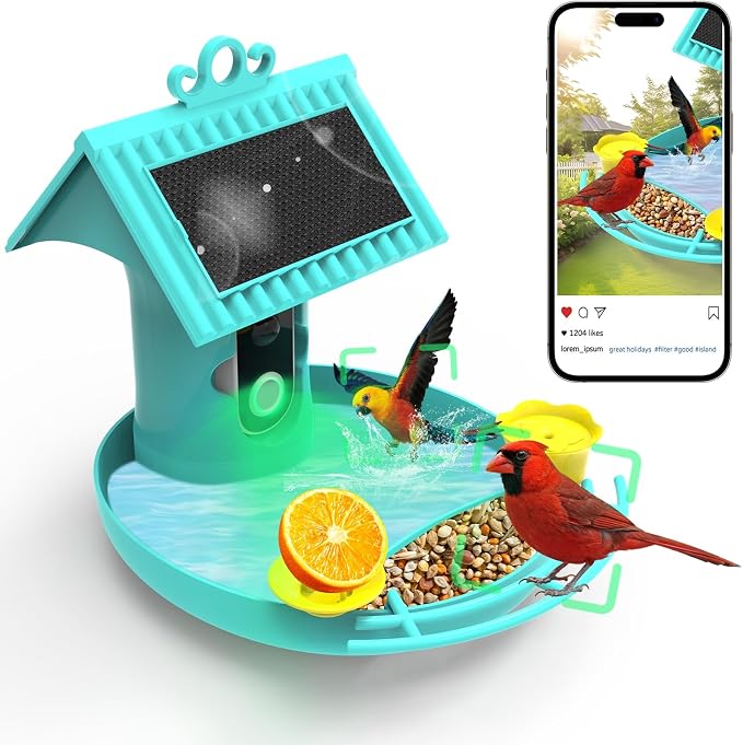 Bird Feeder with Camera - 4K HD Live View, Smart Bird Feeder Solar Powered, AI Recognition Auto Capture Video, 3-in-1 Feeding & Bathing & Hummingbird, Outdoor Garden Bird House (Blue)