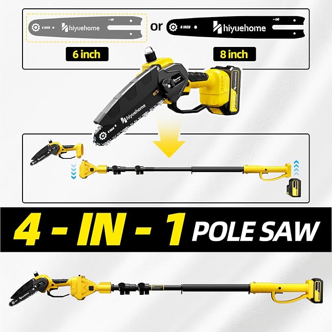21V Cordless Pole Saw, 4-in-1 180° Rotatable Electric Tree Trimmer with 6/8 Inch Guide Bars,4000mAh Battery & Fast Charger, Telescopic Pole, Brushless Motor for Garden/Farm/Camping