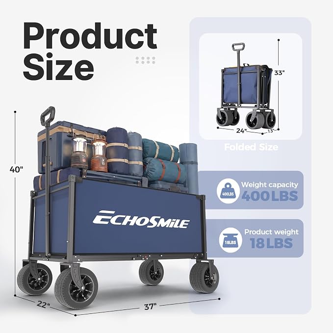EchoSmile Collapsible Wagon Cart for Camping & Beach - Heavy Duty 400lbs Capacity All-Terrain Cart with Wide Wheels, Portable Folding Utility Wagon for Grocery, Garden, Sports,Blue&Orange