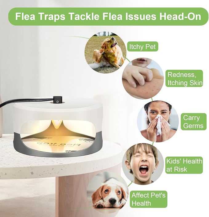Flea Trap for Inside Your Home 2 Packs - Premium Electric Flea Traps, Natural and Child-Friendly Indoor Flea Control for Home & Garage with 5 Glue Disc Refills and 5 Lightbulbs