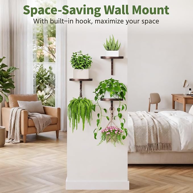 LASZOLA 4Pcs Wall Mount Plant Shelves with Hangers for Indoor Planters, Heavy Duty Metal Window Floating Flower Holders Stand for Kitchen Bathroom, Rustic Bronze