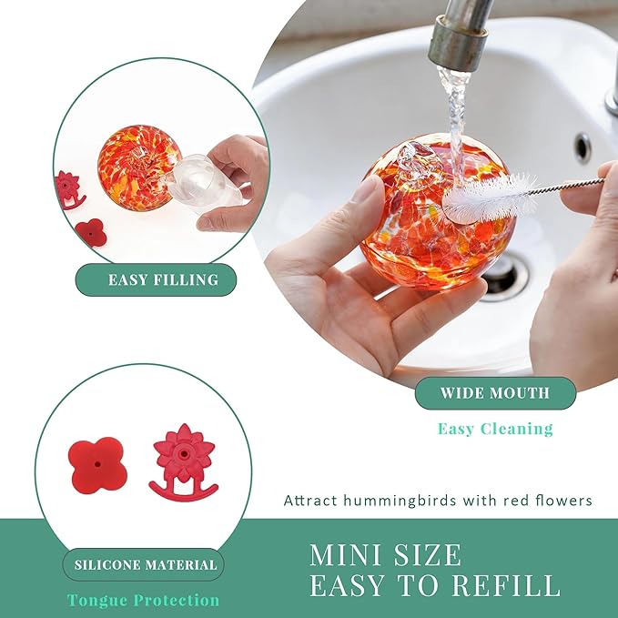 QFkris Blown Glass Hummingbird Feeder with Suction Cups for Window, Small Hummingbird Feeder with Flower Feeding Ports for Outside Garden Backyard Decor, Gifts for Women Mom(Orange)