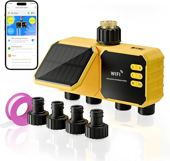 4 Zone Solar WiFi Sprinkler Timer, Smart Water Timer for Garden Hose 4 Outlets with Rain Delay/Automatic/Manual Watering System for Lawn Yard, APP Remote Voice Control Via 2.4Ghz WiFi No Need Hub