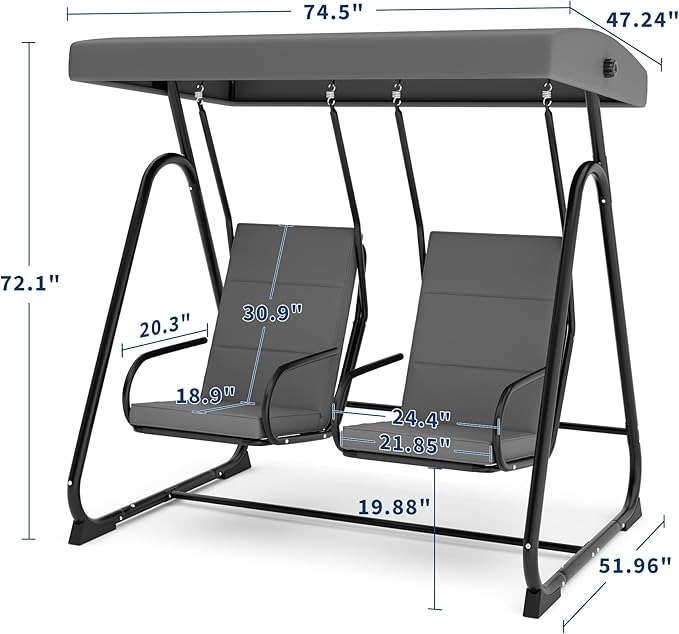 GarveeLife 2 Person Porch Swing Chair, Heavy Duty Outdoor Patio Swing Glider with Adjustable Canopy & Removable Cushions, Independent Swing Chairs for Garden, Balcony, Poolside, Backyard, Dark Grey