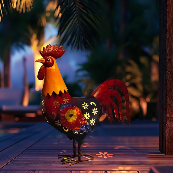LIFFY Metal Chicken Yard Art,18" Solar Rooster Garden Statues Outdoor,Farm Animal Lawn Decorations Outside,Unique Gift for Home Decor & Rooster Lovers