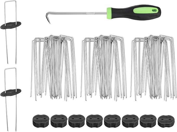 uxcell 80Pcs Garden Stakes, 8 Inch 11 Gauge Galvanized Landscape Staples U-Type Turf Stake Sod Pin Plant Stakes with Gasket&Hook for Landscaping Securing Weed Barrier Fabric, Silver