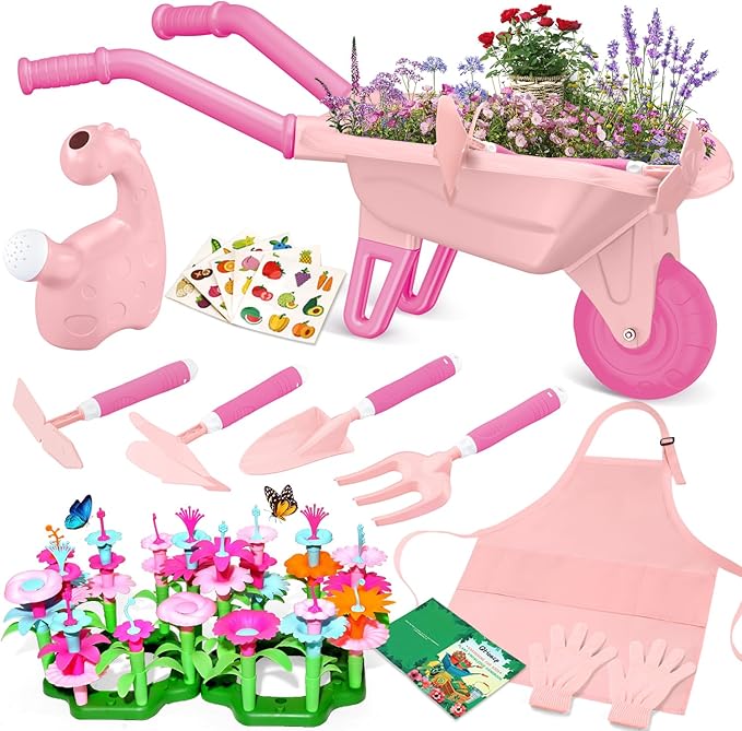 Qtioucp 16Pcs Kids Gardening Tools Outdoor Toys Set Backyard Play with 93 PCS DIY Flower Garden Building Preschool Activities (Pink)