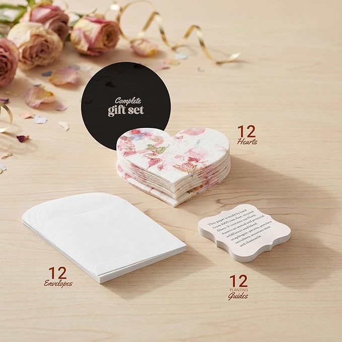 Set of 12 Pink Heart Seed Paper – Writable & Plantable Wildflower with Envelopes & Planting Guides, Mom's Gift for Mother’s Day, Use for Wedding, Baby Shower, Heart Party Favors & Easter Decorations