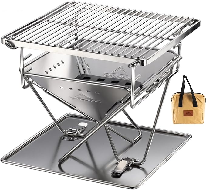 CAMPINGMOON Portable Charcoal Grill 9.65 Inch Stainless Steel Tabletop Grill Fire Pit 3 Level Adjustable Height Grill for Camping Outdoor Cooking Barbecue Carry Bag X-MINI-PRO
